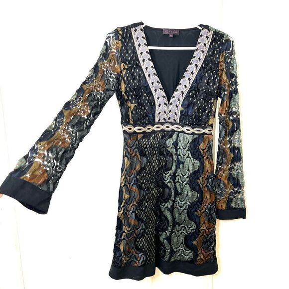 Hale Bob Dress Retro 70’s Bell Sleeve Lace Earth Tone  Tunic Mini Size XS - Picture 5 of 15